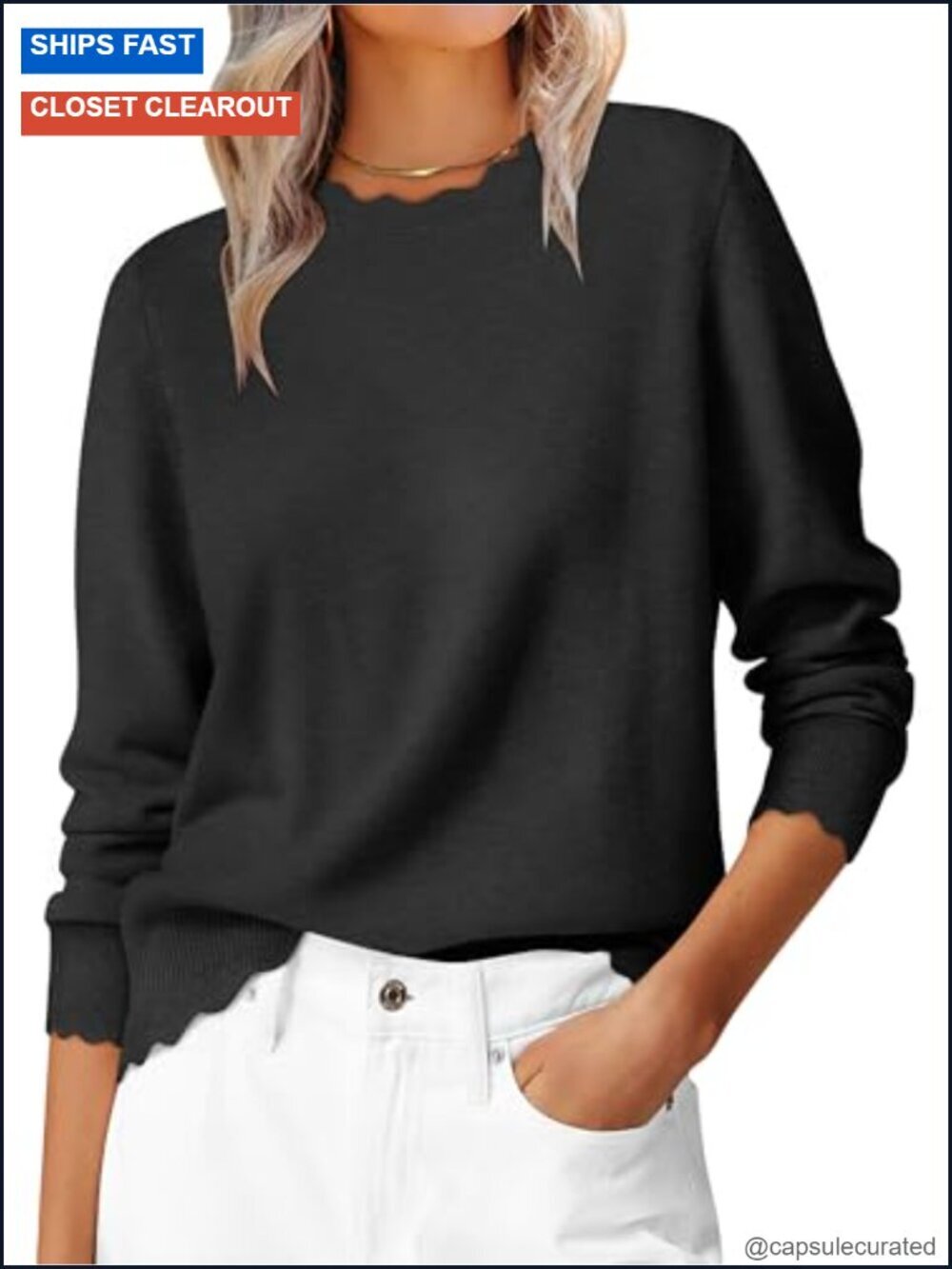 Lightweight Loose Fit Scallop Long Sleeve Pullover Sweater Top